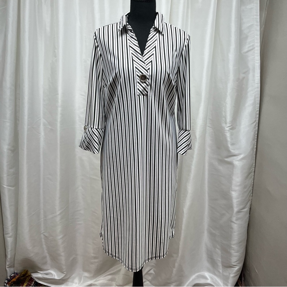 Mlle Gabrielle Monochrome Striped Shirt Dress Sz Medium
